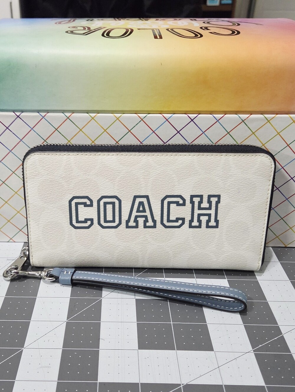 Coach Long Zip Around Wristlet/Wallet In Signature Canvas With Varsity Motif